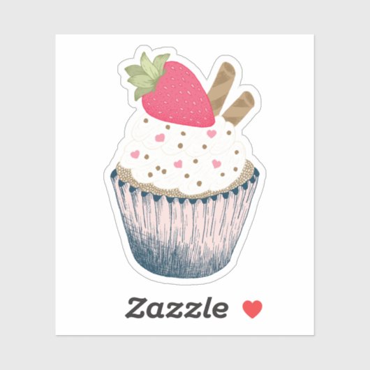 Erdbeere Cupcake Sticker - Rosa Herzsprinklen (Blatt)