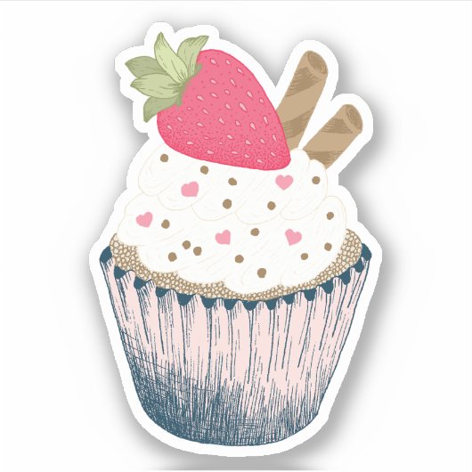Erdbeere Cupcake Sticker - Rosa Herzsprinklen (Vorderseite)