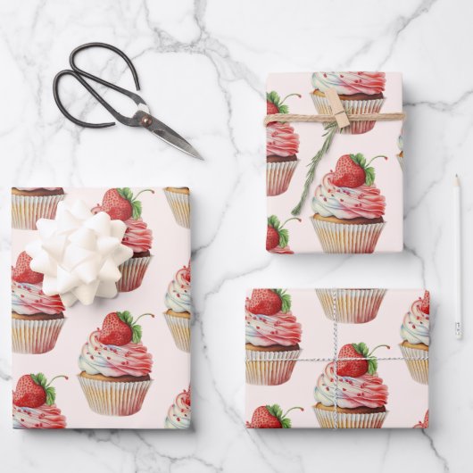 Erdbeere Cupcake Sweet Dessert Muster Geschenkpapier Set (Vorderseite)