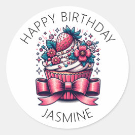 Erdbeere Cupcake Whimsical Personalisiert Runder Aufkleber