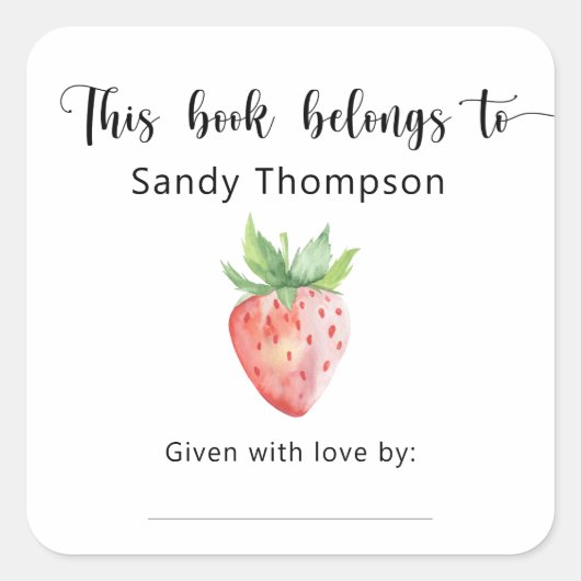 Erdbeere - Dieses Buch gehört Quadratischer Aufkleber (Vorderseite)