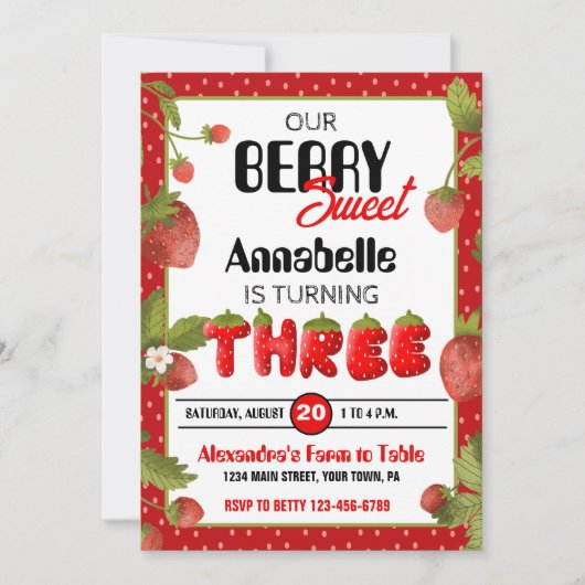Erdbeere Dritte Geburtstagspartei Einladung (Vorderseite)