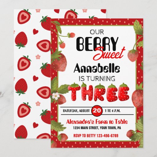 Erdbeere Dritte Geburtstagspartei Einladung (Vorne/Hinten)