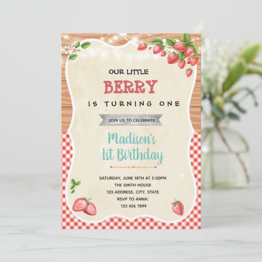 Erdbeere Dusche Geburtstagsfeier Einladung (Stehend Vorderseite)