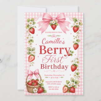 Erdbeere Erste Geburtstag Rosa Gingham Einladung