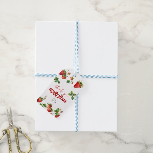 Erdbeere | Erster Geburtstag | Danke, Geburtstag Geschenkanhänger (Mit Garn)