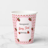 Erdbeere erster Geburtstag Pink Gingham Erdbeere  Pappbecher (Rückseite)