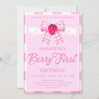Erdbeere Erster Geburtstag Rosa Gingham-Schleife Einladung