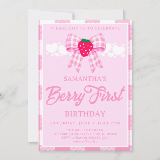 Erdbeere Erster Geburtstag Rosa Gingham-Schleife Einladung (Vorderseite)