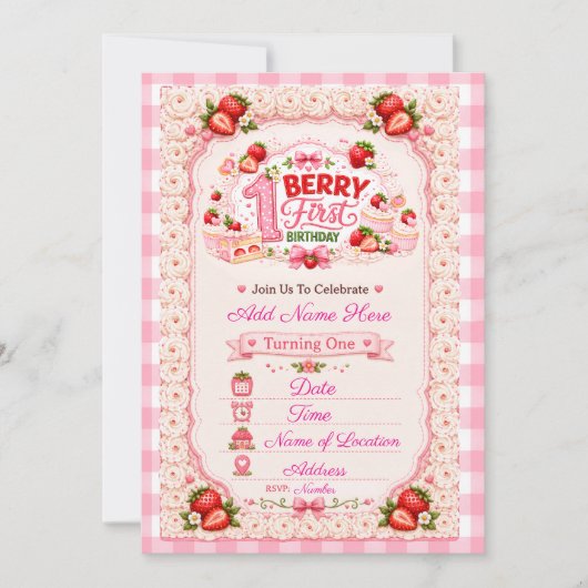 Erdbeere erster Geburtstag Strawberry Shortcake Einladung (Vorderseite)