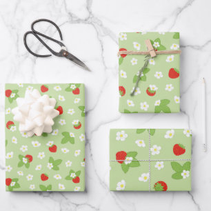 Erdbeere Frucht Blumengrün Muster Geschenkpapier Set