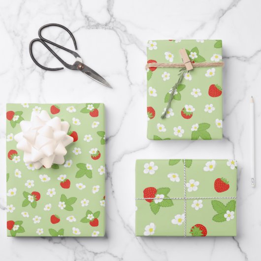 Erdbeere Frucht Blumengrün Muster Geschenkpapier Set (Vorderseite)