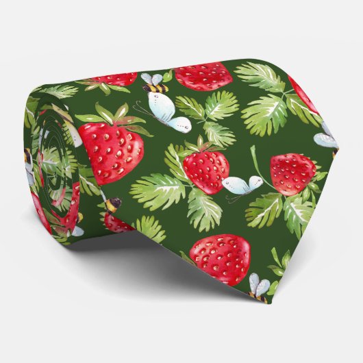 Erdbeere Früchte, Blätter und Honigbiene Krawatte (Gerollt)