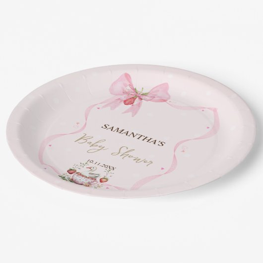 Erdbeere, Gänse, Rahmen-Kinderdusche Pappteller (Schrägansicht)