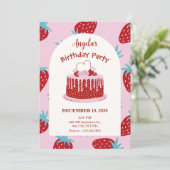 Erdbeere Geburtstagstorte Einladung (Stehend Vorderseite)