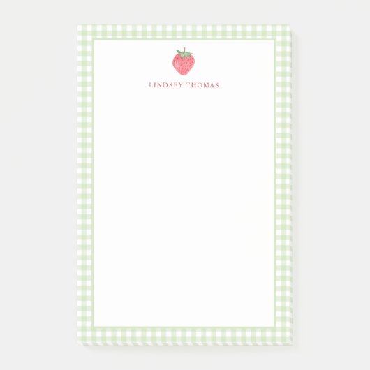 Erdbeere Grün Gingham-Rahmen Personalisiert Post-it Klebezettel (Vorderseite)