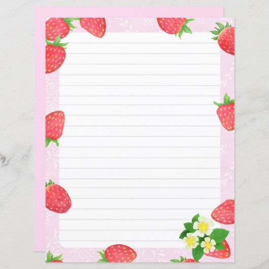 Erdbeere Lined Pink Stationery Paper (Vorne/Hinten)