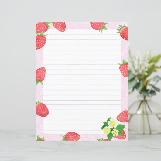 Erdbeere Lined Pink Stationery Paper (Stehend Vorderseite)