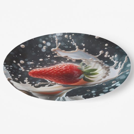 Erdbeere Milk Splash Pappteller (Schrägansicht)