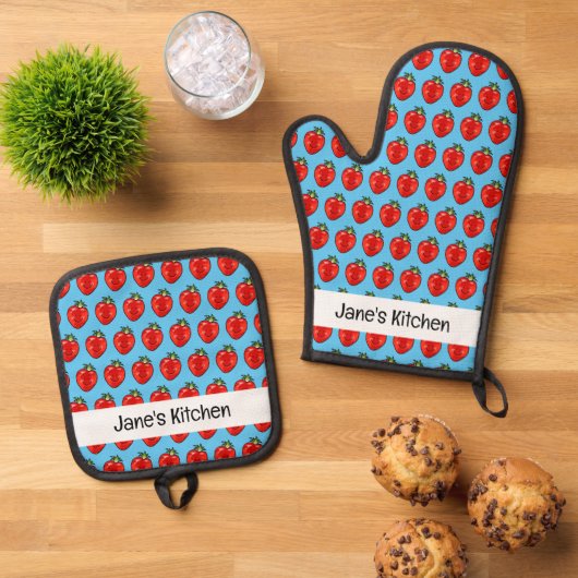 Erdbeere mit Fruchtrot (Name) Ofenhandschuh & Topflappen-Set (Oben Unten)