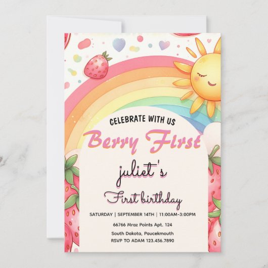 Erdbeere mit Regenbogenbeere im ersten Party Einladung (Vorderseite)
