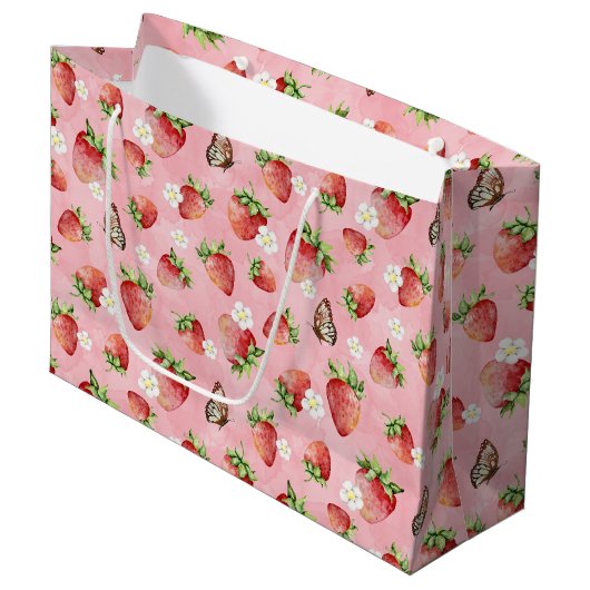 Erdbeere mit Schmetterling Große Geschenktüte (Vorderseite Schrägansicht)