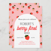 Erdbeere personalisiertes Foto zum ersten Geburtst Einladung (Vorne/Hinten)