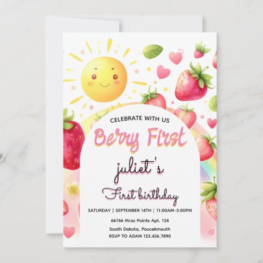 Erdbeere Regenbogenbeere erster 1. Geburtstag Einladung (Vorderseite)