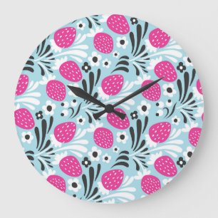Erdbeere: Rosa Berry Nahtlos. Große Wanduhr