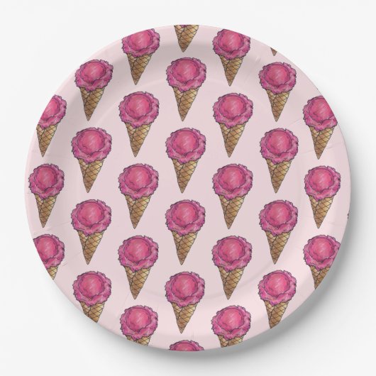 Erdbeere Rosa Eiscreme Waffelkone Feinschmecker Pappteller (Vorderseite)