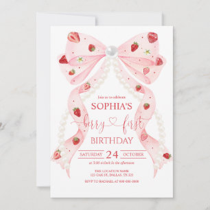 Erdbeere Rosa Schleife Perle 1. Geburtstag Einladung