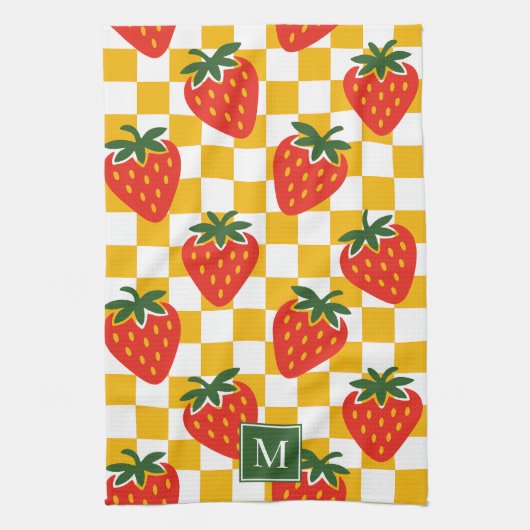 Erdbeere Rustikale Bauernhaus Schachbrett-Monogram Geschirrtuch (Vertikal)