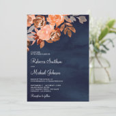 Erdbeere Terracotta Floral All in One Navy Hochzei Einladung (Stehend Vorderseite)