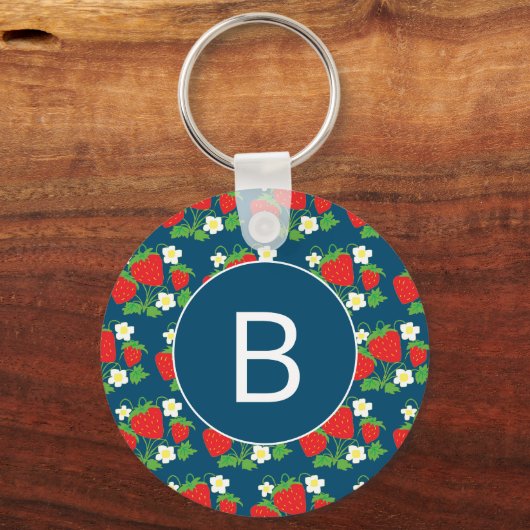 Erdbeere und Blume Blaues Muster Mit Monogramm Schlüsselanhänger (Rückseite)