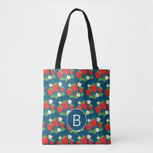 Erdbeere und Blume Blaues Muster Mit Monogramm Tasche (Vorderseite)