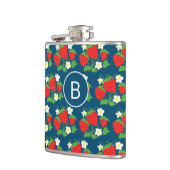 Erdbeere und Blume Blaues Muster Monogramm Flachmann (Links)