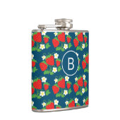 Erdbeere und Blume Blaues Muster Monogramm Flachmann (Rechts)