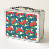 Erdbeere und Blume Blaues Muster Monogramm Metall Brotdose (Rückseite)