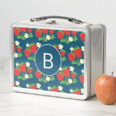 Erdbeere und Blume Blaues Muster Monogramm Metall Brotdose (Beispiel)