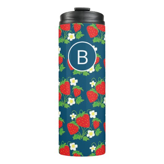 Erdbeere und Blume Blaues Muster Monogramm Thermosbecher (Vorderseite)