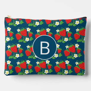 Erdbeere und Blume Blaues Muster Monogrammiert Zubehörtasche