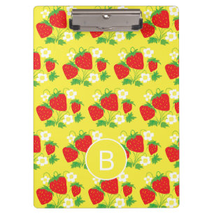 Erdbeere und Blume Gelbes Muster Monogrammiert Klemmbrett