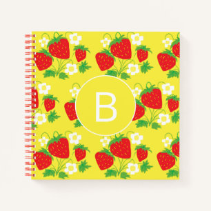Erdbeere und Blume Gelbes Muster Monogrammiert Notizblock