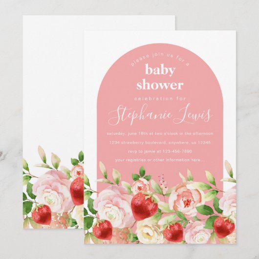 Erdbeere und Blume Kinderdusche Einladung (Vorne/Hinten)