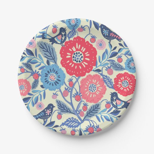 Erdbeere und Blume von Vögeln der Volkskunst Pappteller (Vorderseite)