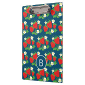 Erdbeere und Blumen Blaues Muster Monogramm Klemmbrett (Links)