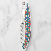 Erdbeere und Blumen Blaues Muster Monogrammiert Kellnermesser (Vorderseite)