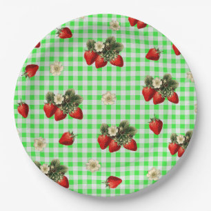 Erdbeere und grünes Gingham süße Papierplatten Pappteller