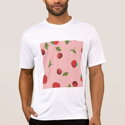 Erdbeere und Kirschmuster Rosa Frucht T-Shirt (Vorderseite)