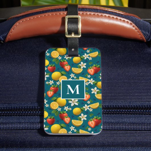 Erdbeere und Lemon Blossom Design auf blau Gepäckanhänger (Vorderseite Insitu 2)